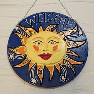 Sun and Stars Welcome Wall Plaque - Blue and Yellow Carved & Painted